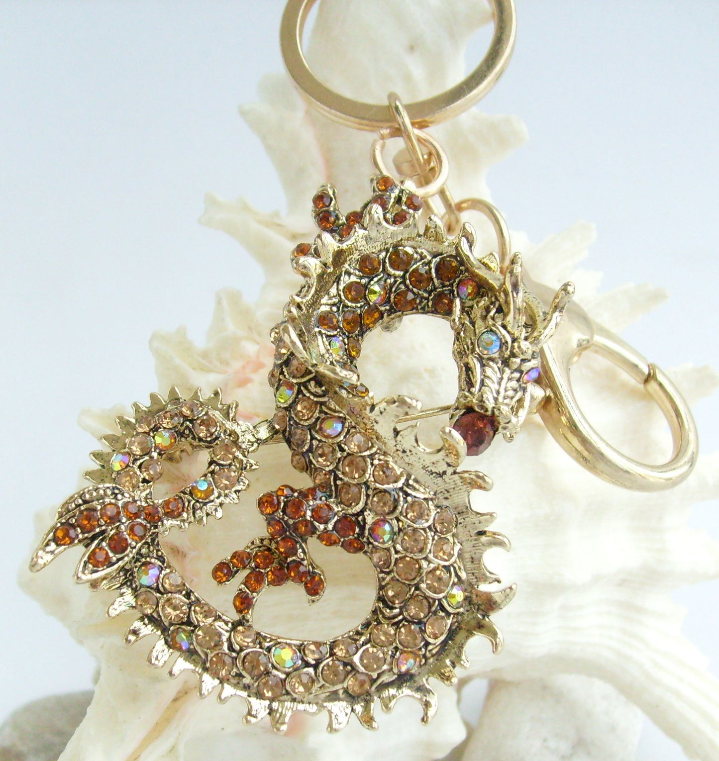 Sindary Costume Jewelry Unique Dragon Keychain Keyring Pendant Beige Brown Rhinestone Crystal SPK02980C4