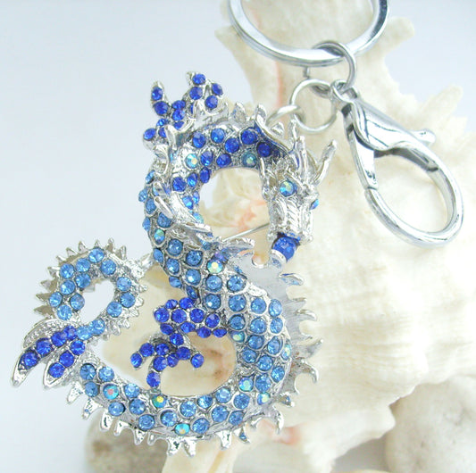 Sindary Costume Jewelry Unique Dragon Keychain Keyring Pendant Blue Rhinestone Crystal SPK02980C7