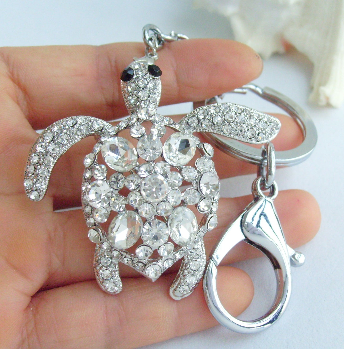 Sindary Costume Jewelry Animal Turtle Tortoise Keychain Keyring Pendant Silvery Clear Rhinestone Crystal SPK03344C3