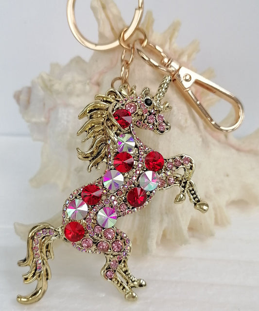 Sindary Costume Jewelry Unique Unicorn Horse Keychain Keyring Pendant Iridescence & Red Rhinestone Crystal SPK06172C16