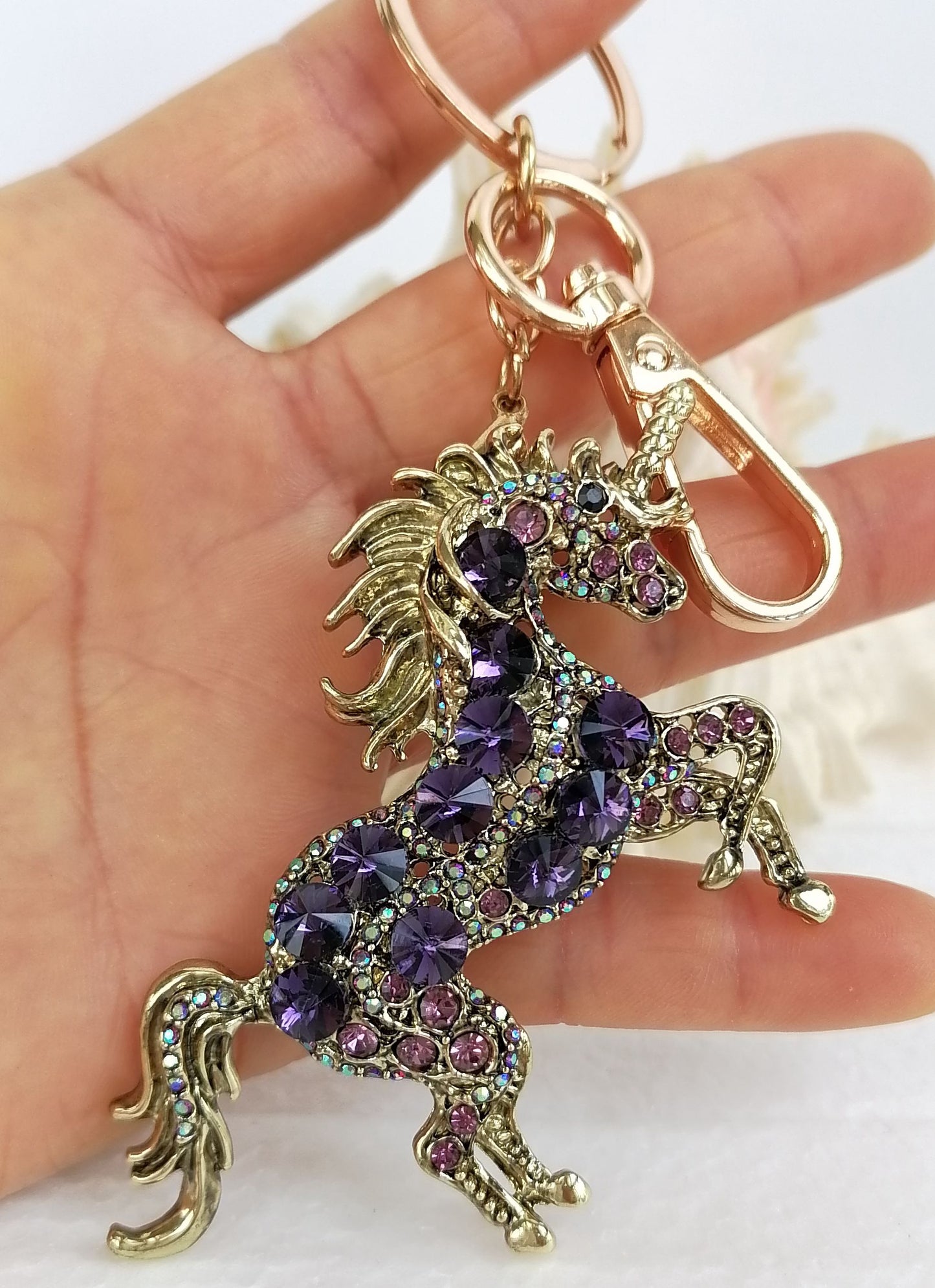 Sindary Costume Jewelry Unique Unicorn Horse Keychain Keyring Pendant Dark Purple Rhinestone Crystal SPK06172C17