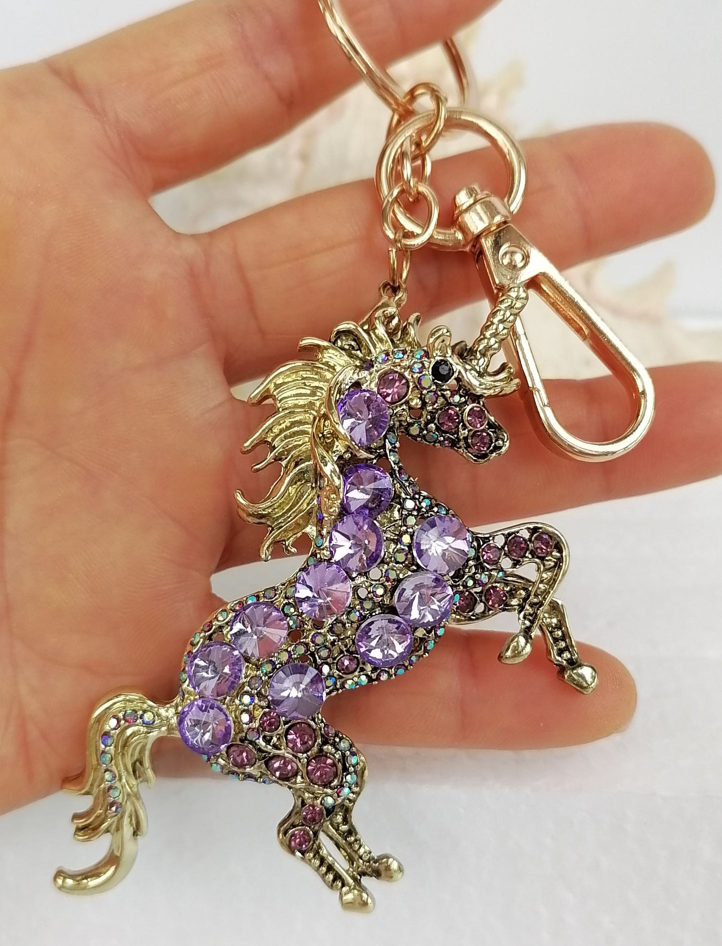 Sindary Costume Jewelry Unique Unicorn Horse Keychain Keyring Pendant Light Purple Rhinestone Crystal SPK06172C18