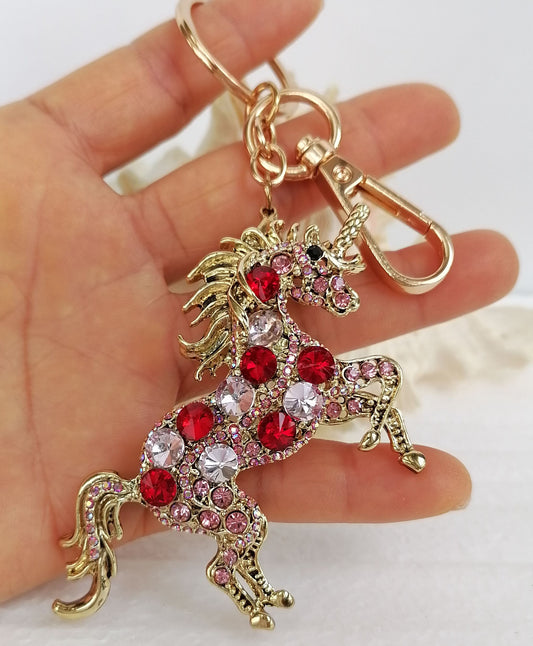 Sindary Costume Jewelry Unique Unicorn Horse Keychain Keyring Pendant Red Pink Rhinestone Crystal SPK06172C19