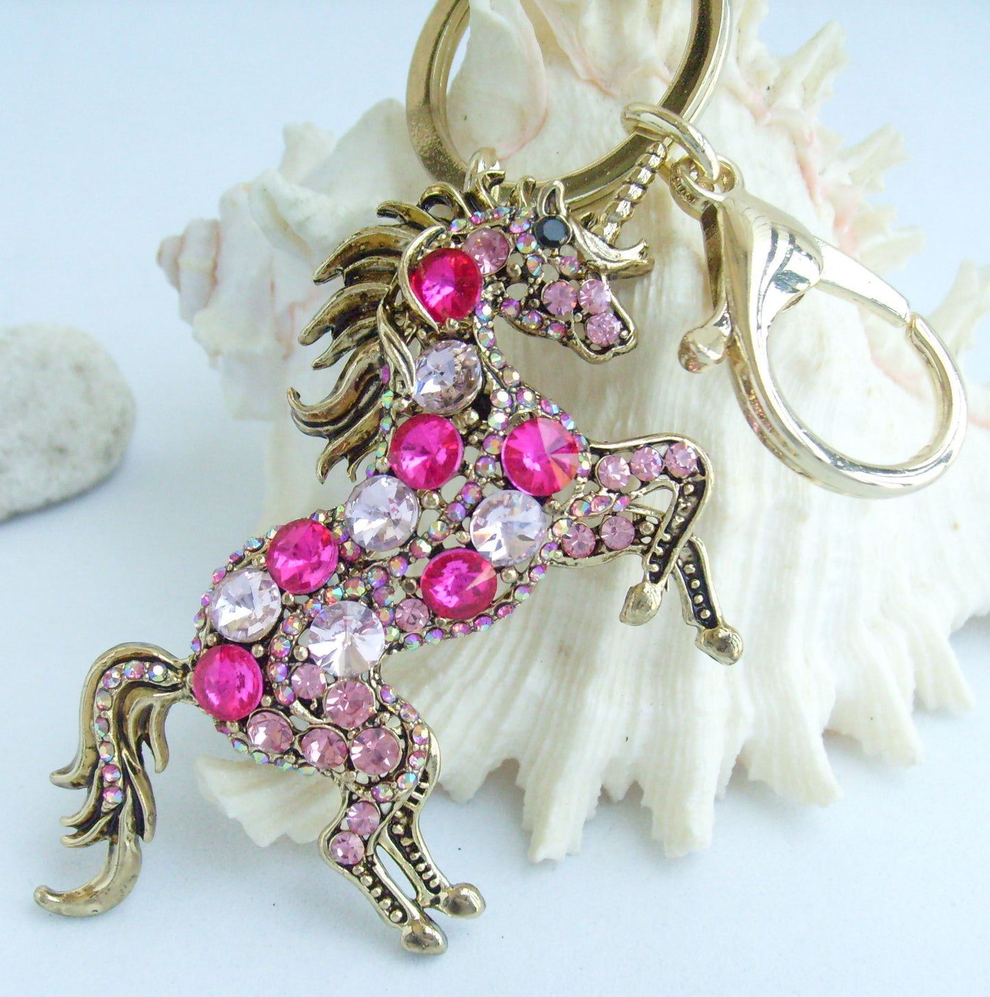 Sindary Costume Jewelry Unique Unicorn Horse Keychain Keyring Pendant Rose Pink Rhinestone Crystal SPK06172C9