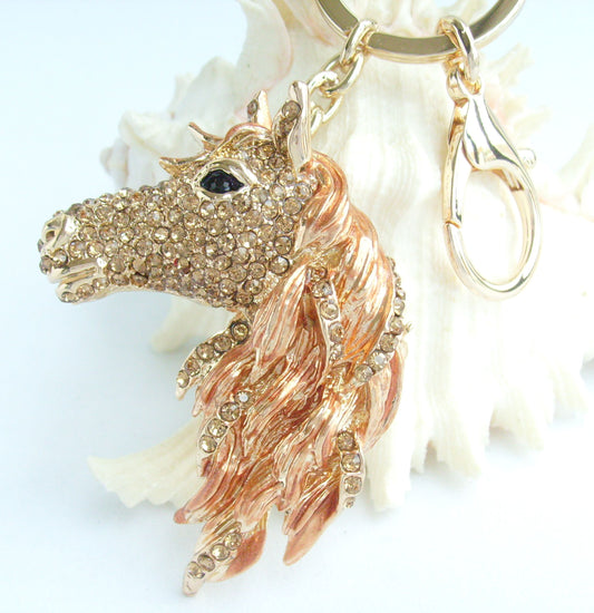 Sindary Costume Jewelry Animal Horse Keychain Keyring Pendant Beige Brown Rhinestone Crystal SPK06535C3