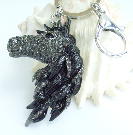 Sindary Costume Jewelry Animal Horse Keychain Keyring Pendant Black Gray Rhinestone Crystal SPK06535C4