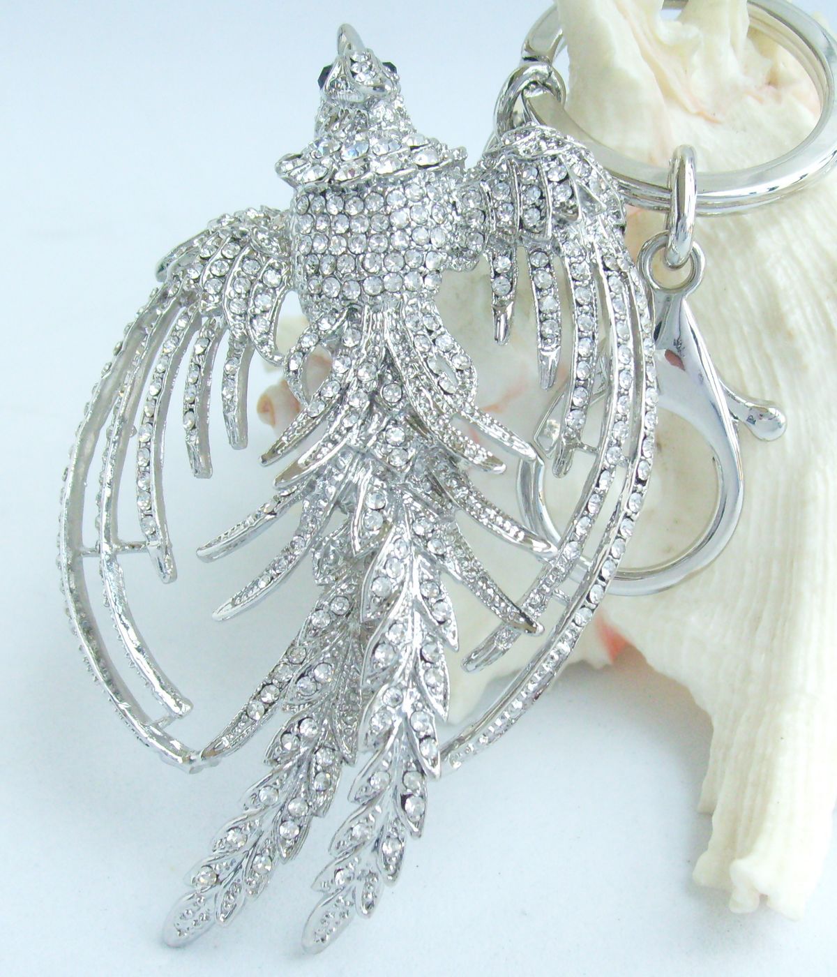 Sindary Costume Jewelry Animal Phoenix Bird Keychain Keyring Pendant Silvery Clear Rhinestone Crystal SPK02338C1