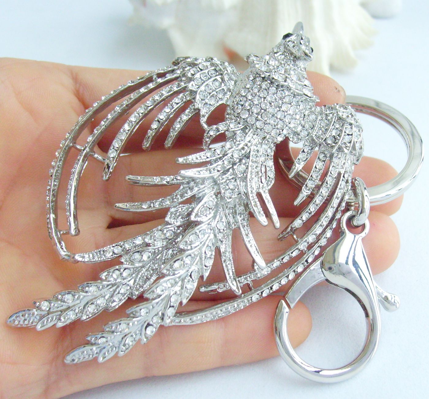 Sindary Costume Jewelry Animal Phoenix Bird Keychain Keyring Pendant Silvery Clear Rhinestone Crystal SPK02338C1