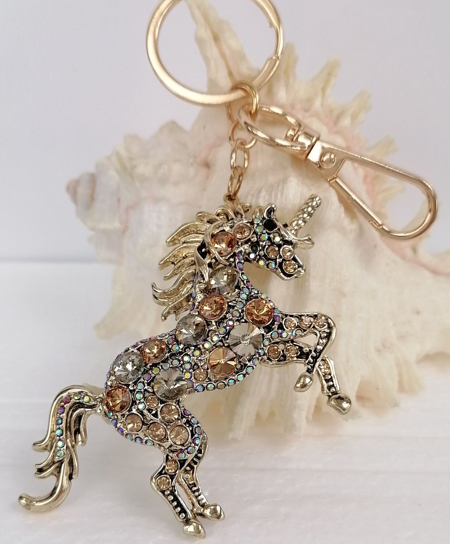 Sindary Costume Jewelry Unique Unicorn Horse Keychain Keyring Pendant Beige Brown Rhinestone Crystal SPK06172C11