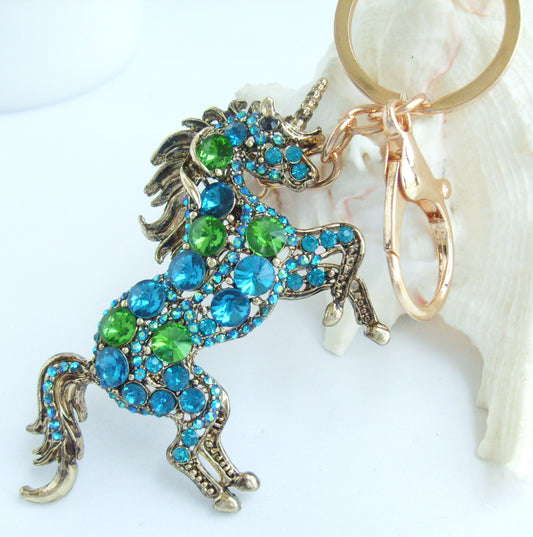 Sindary Costume Jewelry Unique Unicorn Horse Keychain Keyring Pendant Turquoise Green Rhinestone Crystal SPK06172C2