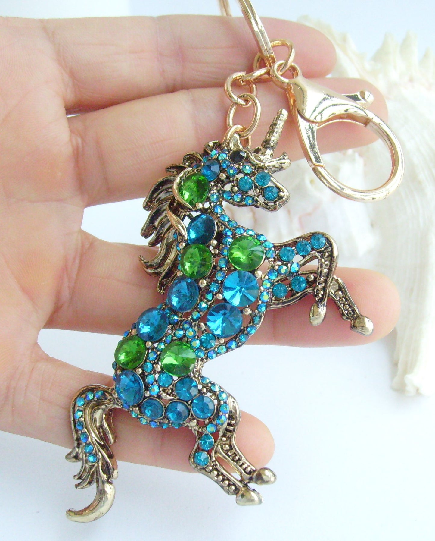 Sindary Costume Jewelry Unique Unicorn Horse Keychain Keyring Pendant Turquoise Green Rhinestone Crystal SPK06172C2