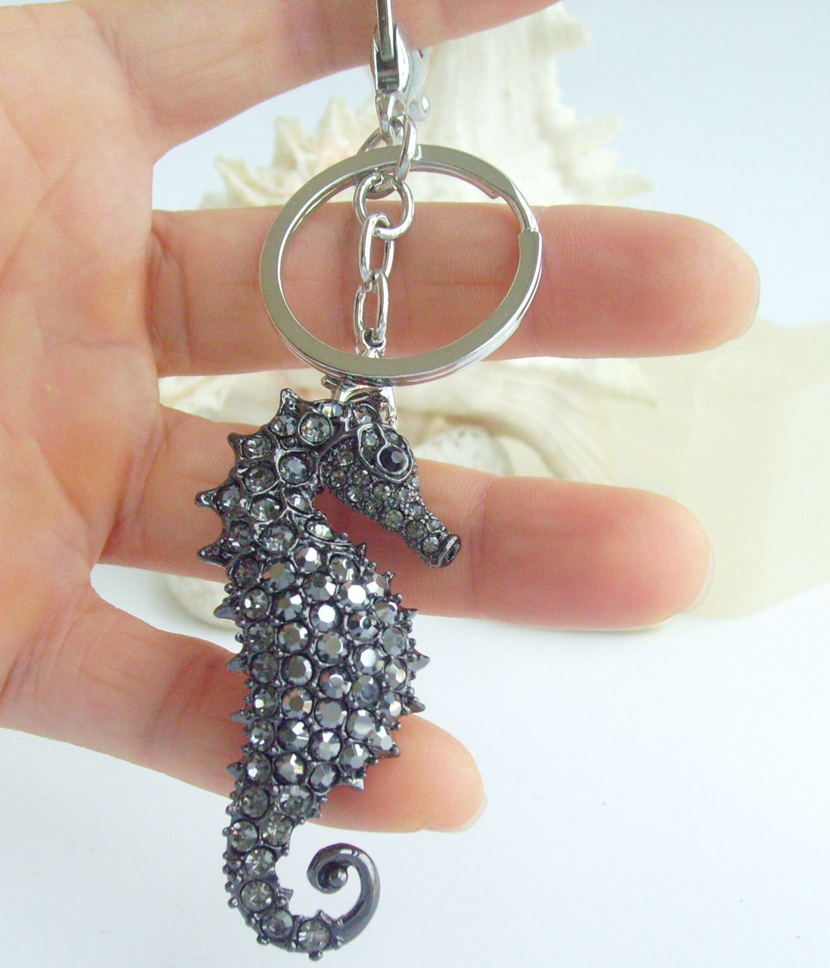 Sindary Costume Jewelry Animal Seahorse Keychain Keyring Pendant Gray Rhinestone Crystal SPK02254C11