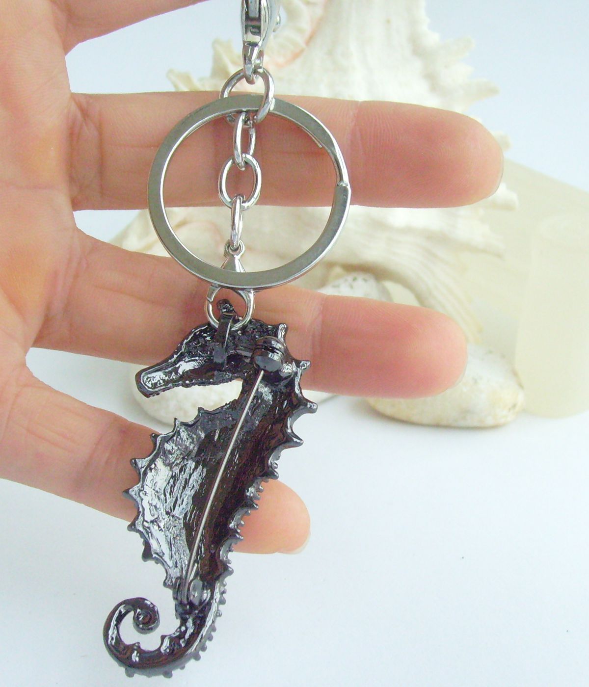 Sindary Costume Jewelry Animal Seahorse Keychain Keyring Pendant Gray Rhinestone Crystal SPK02254C11