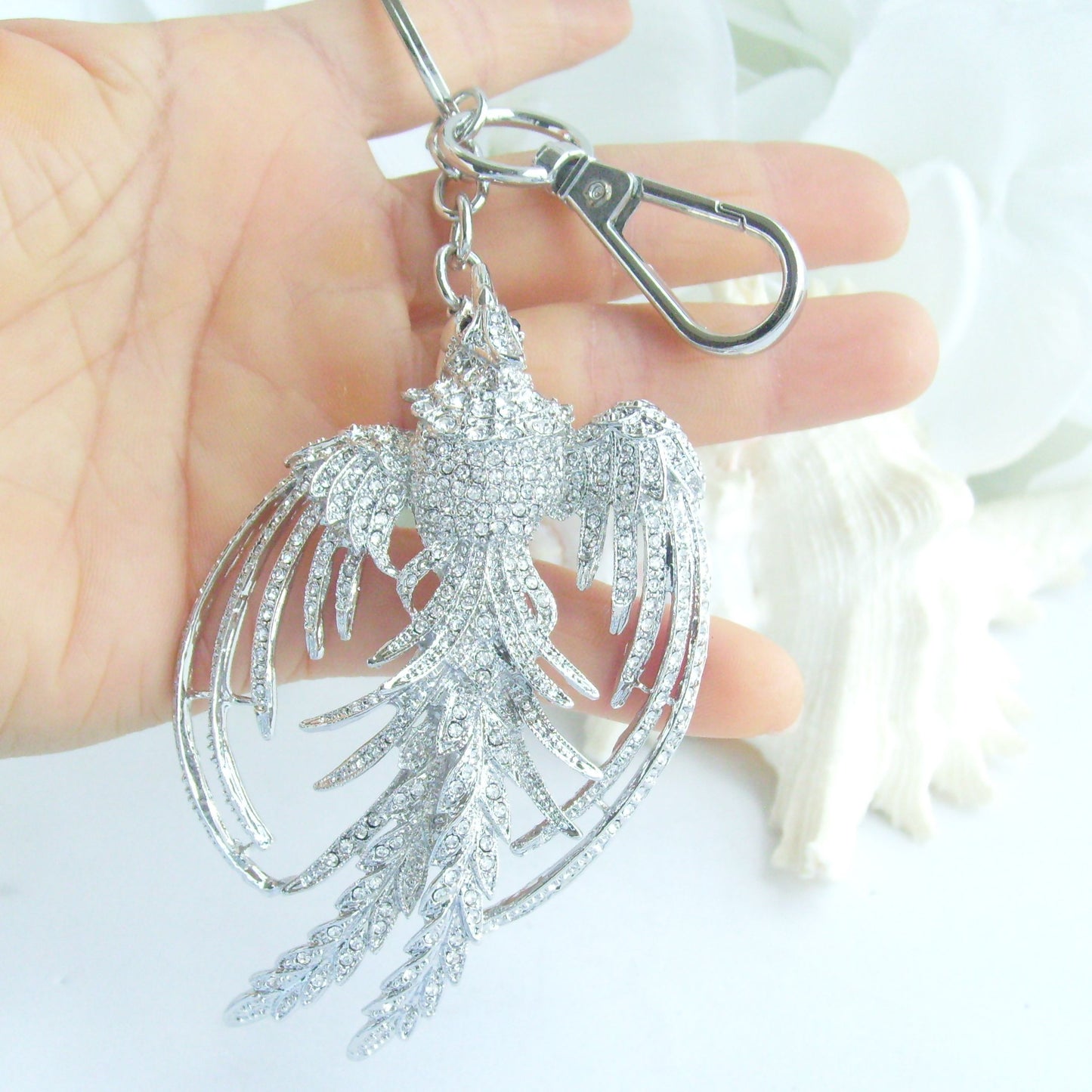 Sindary Costume Jewelry Animal Phoenix Bird Keychain Keyring Pendant Silvery Clear Rhinestone Crystal SPK02338C1