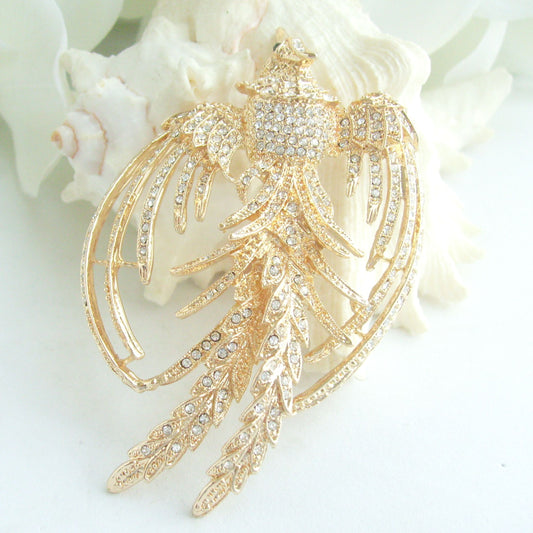 Sindary Costume Jewelry Animal Phoenix Bird Brooch Pin Pendant Golden Clear Rhinestone Crystal SP02338C10