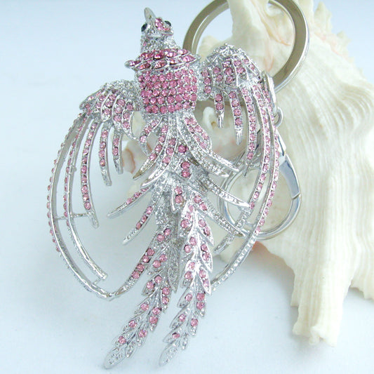 Sindary Costume Jewelry Animal Phoenix Bird Keychain Keyring Pendant Silvery Pink Rhinestone Crystal SPK02338C7