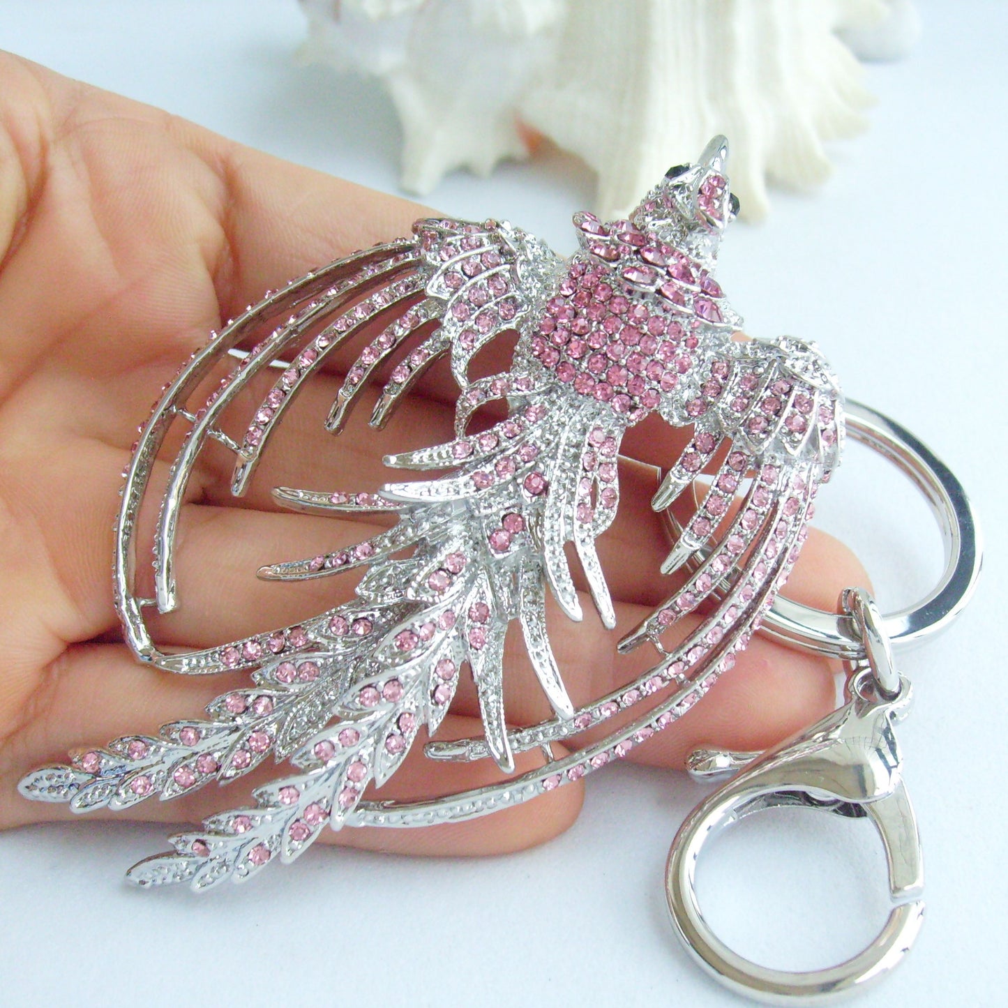 Sindary Costume Jewelry Animal Phoenix Bird Keychain Keyring Pendant Silvery Pink Rhinestone Crystal SPK02338C7