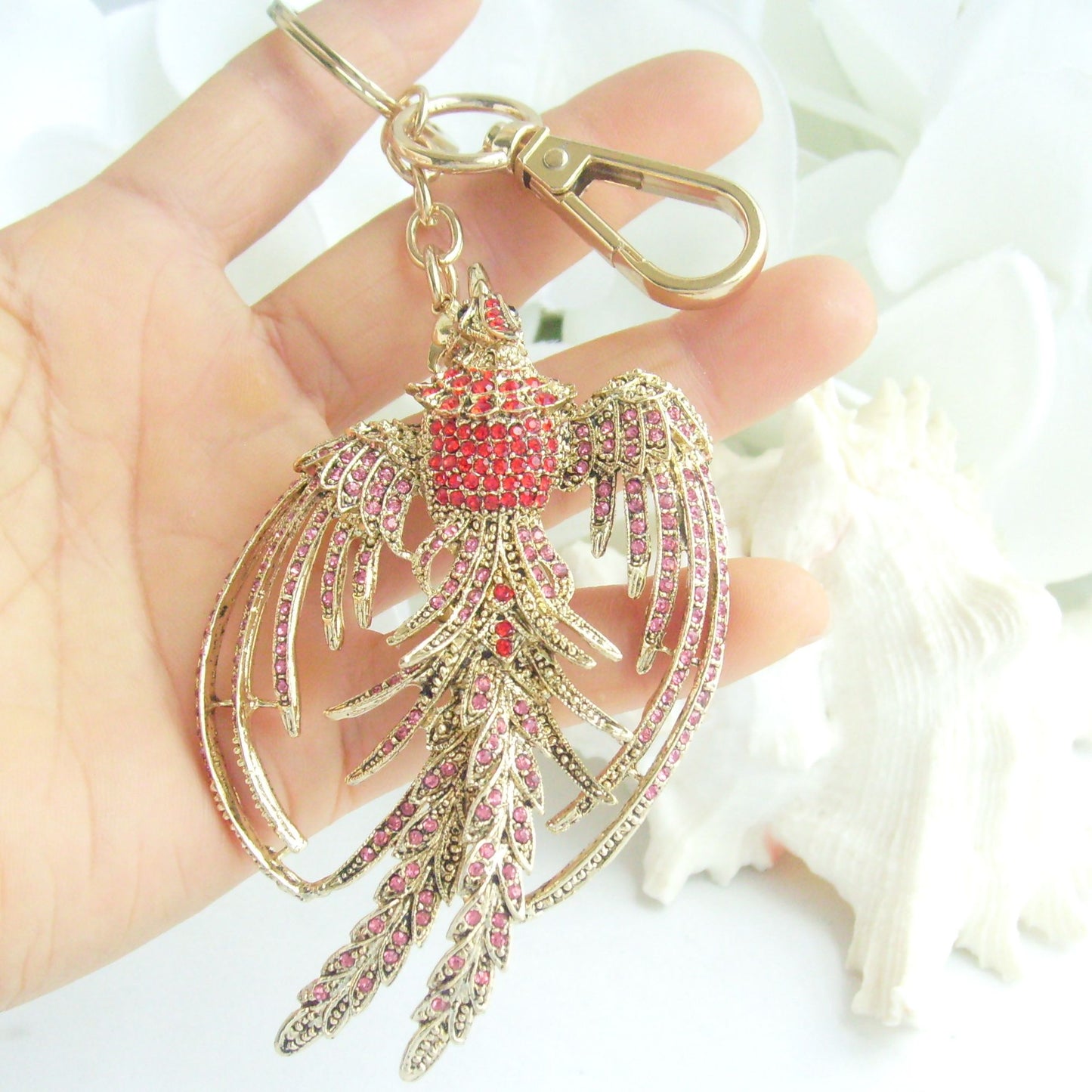 Sindary Costume Jewelry Animal Phoenix Bird Keychain Keyring Pendant Red Rhinestone Crystal SPK02338C8